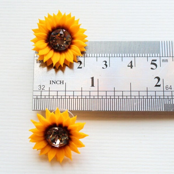 Sun's Embrace: Crystal Sunflower Earrings Polymer Clay.