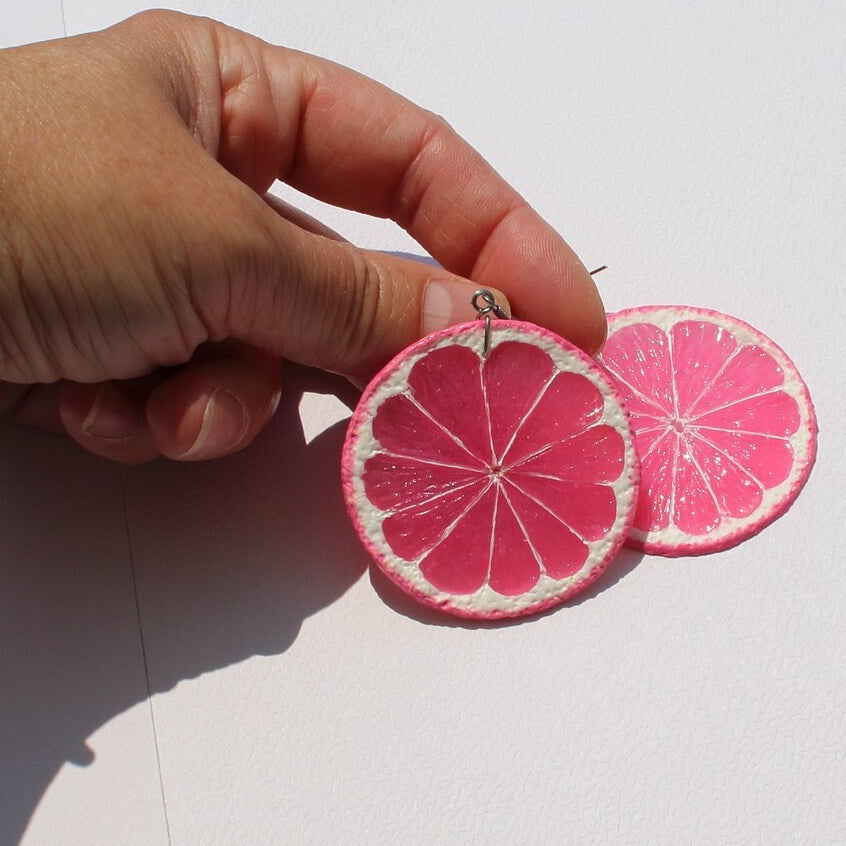 Happiness Pink: Lemon Earrings Polymer Clay.