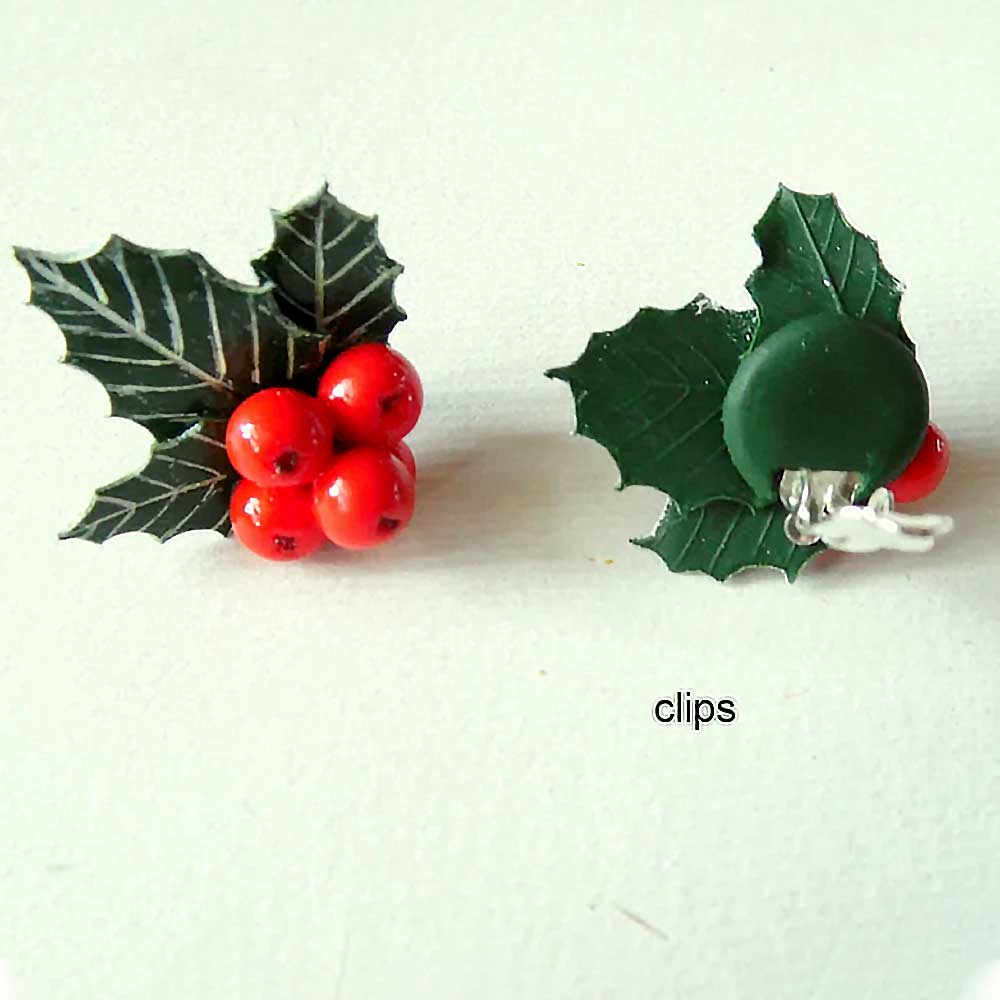 Winter's Сharm: Holly Berry Earring Polymer Clay.