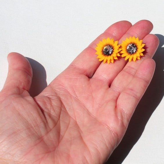 Sun's Embrace: Crystal Sunflower Earrings Polymer Clay.