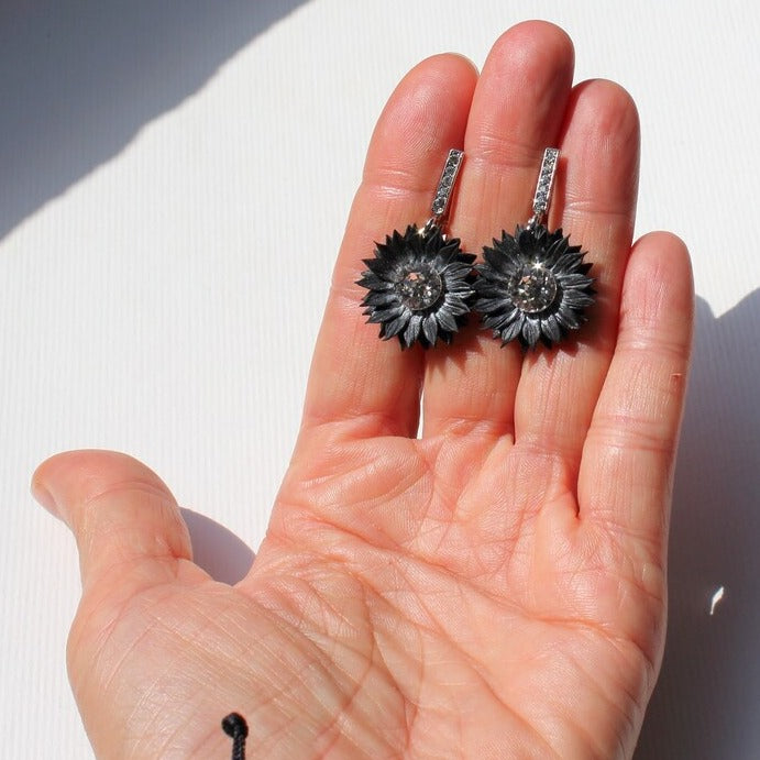 Radiant Darkness : Midnight Sunflower Earrings Polymer Clay.