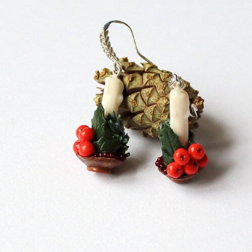 Christmas Joy: Holly Berry Earrings Polymer Clay.