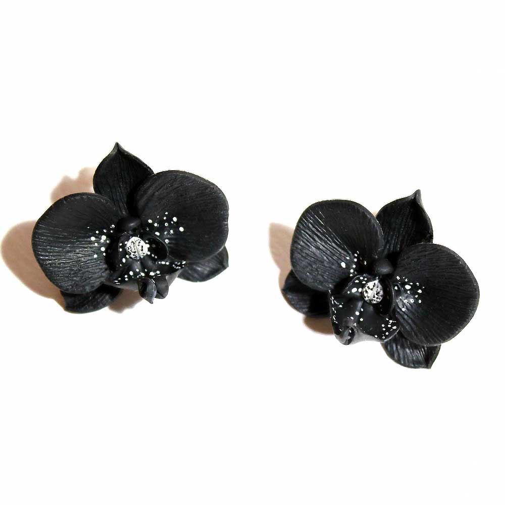 Mysterious Elegance: Black Orchid Earrings Polymer Clay.