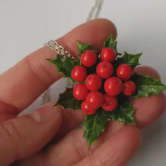 Winter's Embrace: Holly Berry Brooch & Pendant Polymer Clay.