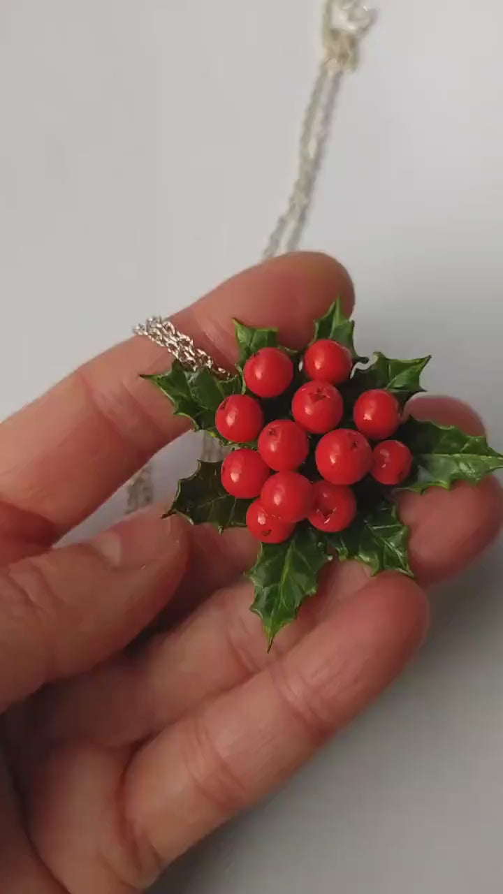 Winter's Embrace: Holly Berry Brooch & Pendant Polymer Clay.