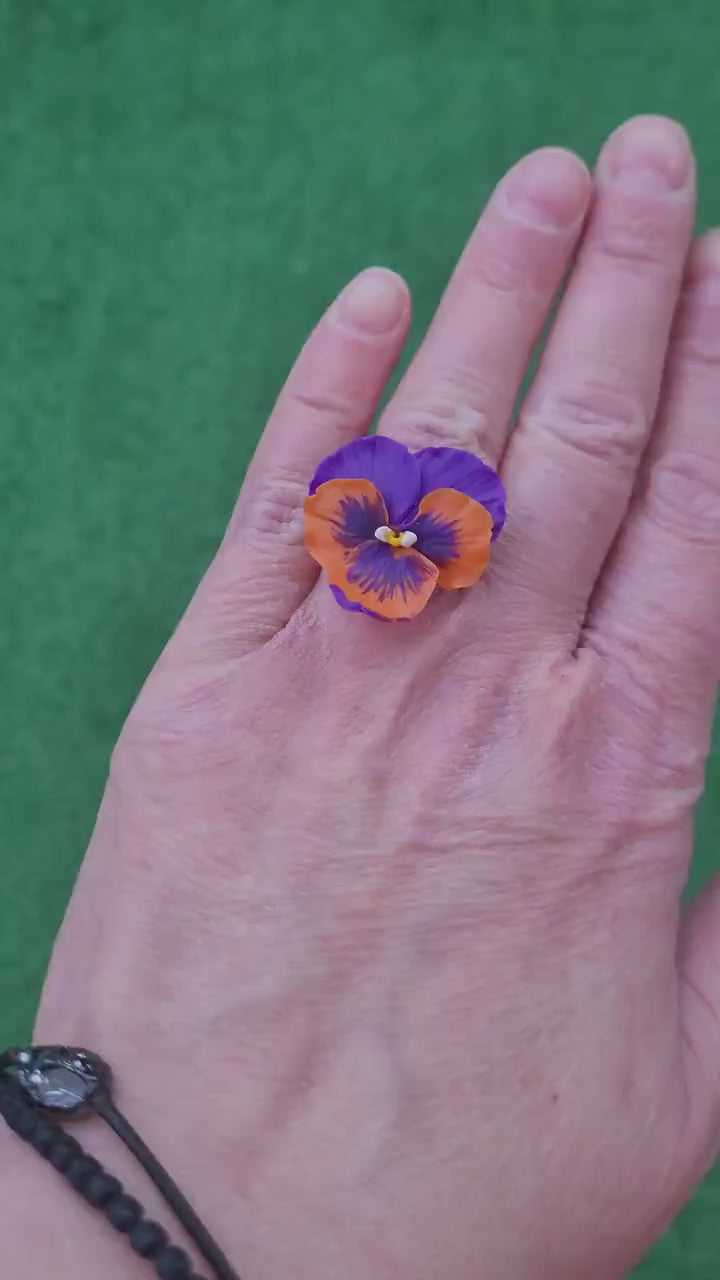 Floral Whimsy: Pansy Ring Polymer Clay.