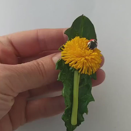 Summer Tandem: Dandelion & Ladybug Brooch Polymer Clay.