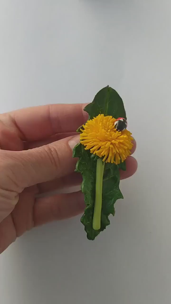 Summer Tandem: Dandelion & Ladybug Brooch Polymer Clay.