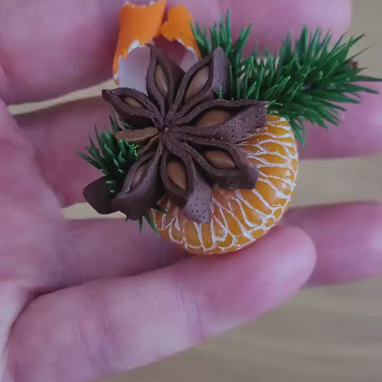 Christmas Spark:  Mandarin & Anise Brooch Polymer Clay.