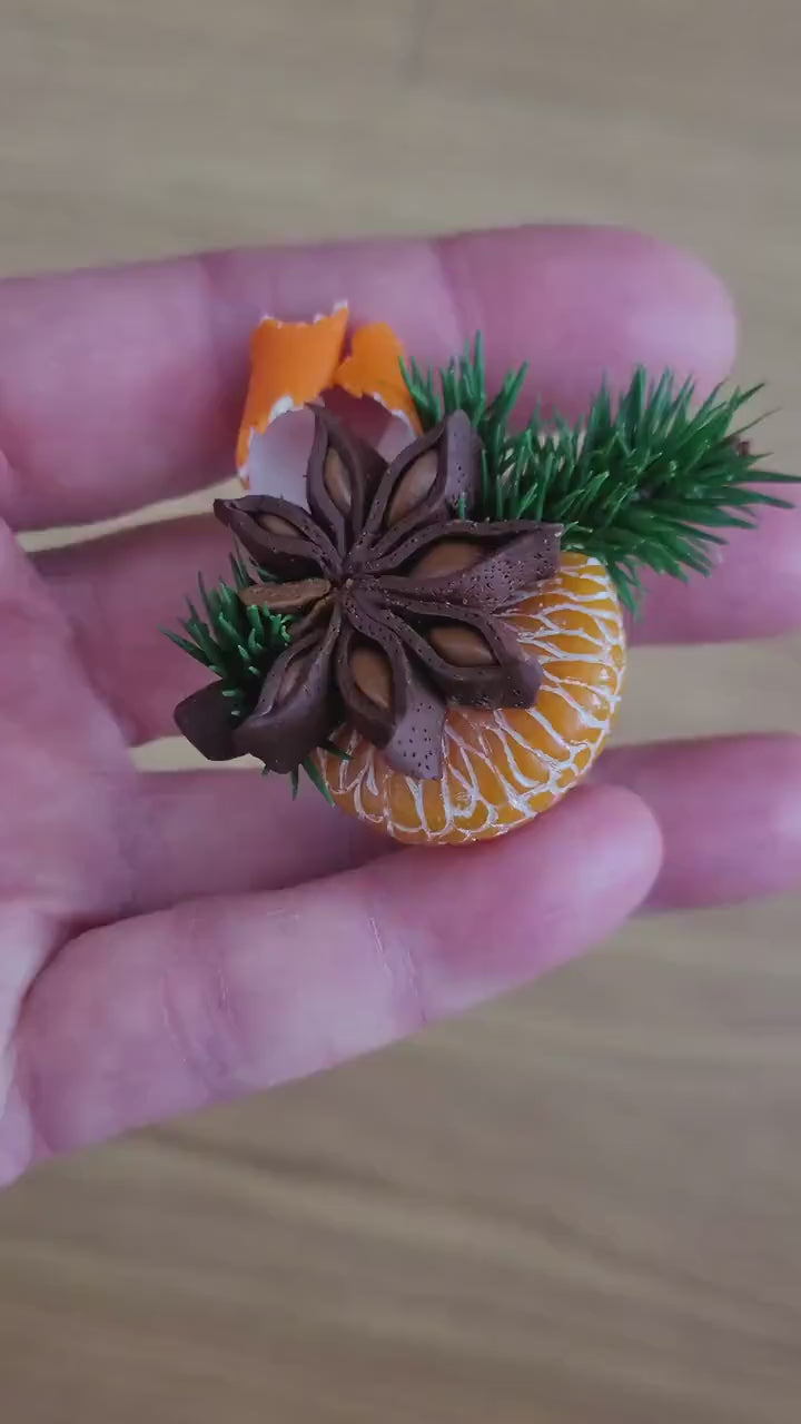 Christmas Spark:  Mandarin & Anise Brooch Polymer Clay.