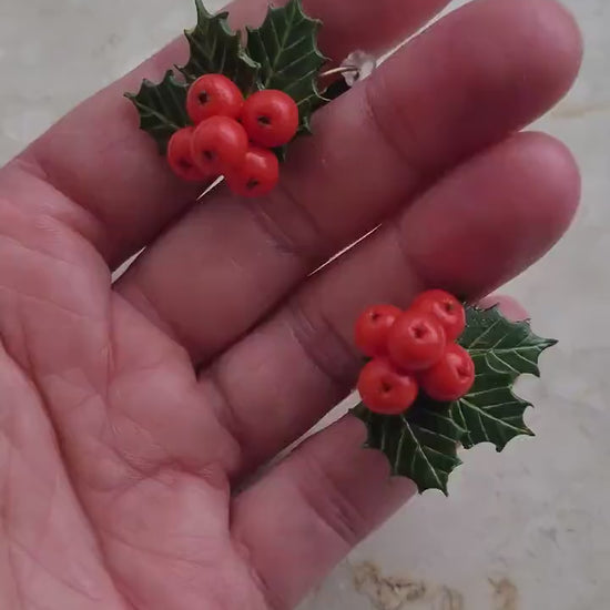 Winter's Сharm: Holly Berry Earring Polymer Clay.