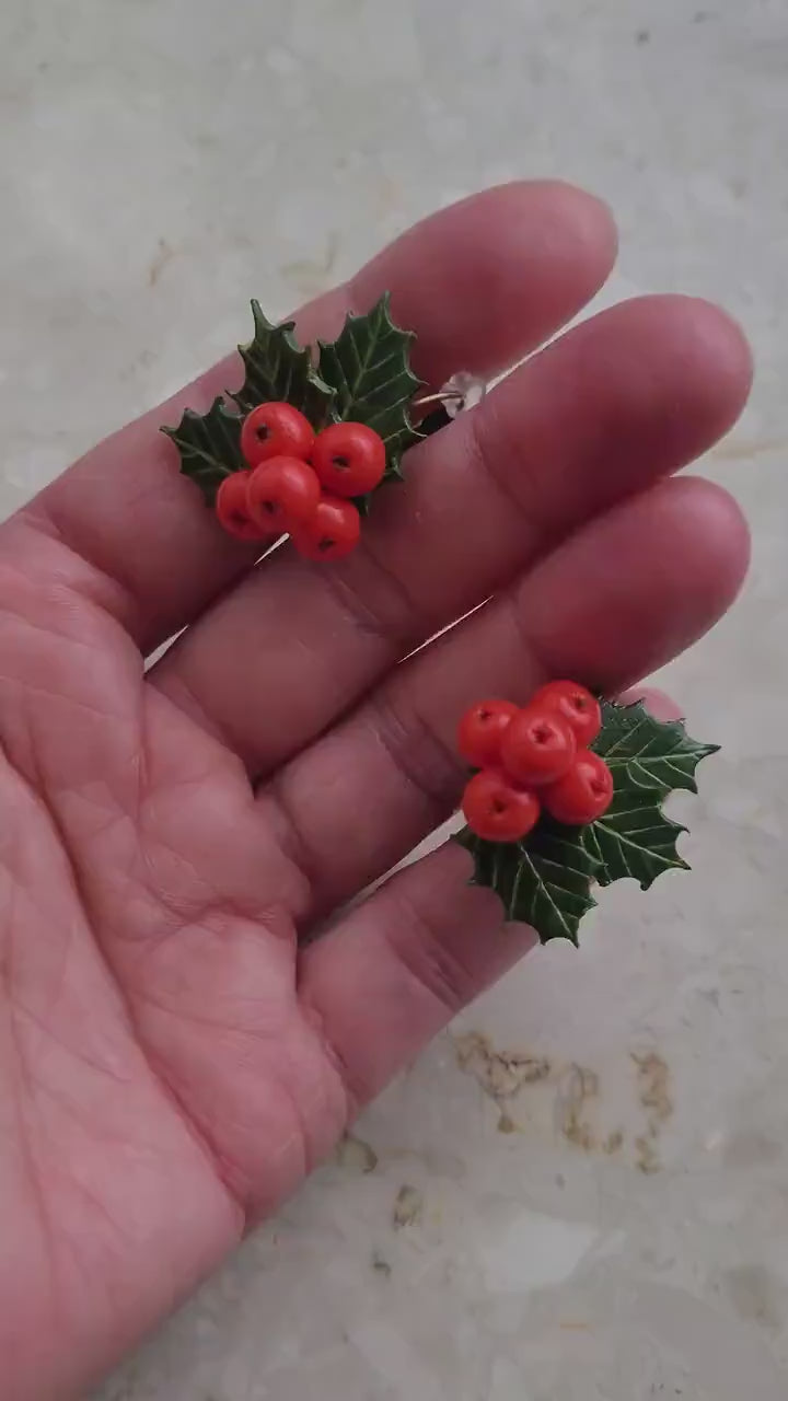 Winter's Сharm: Holly Berry Earring Polymer Clay.