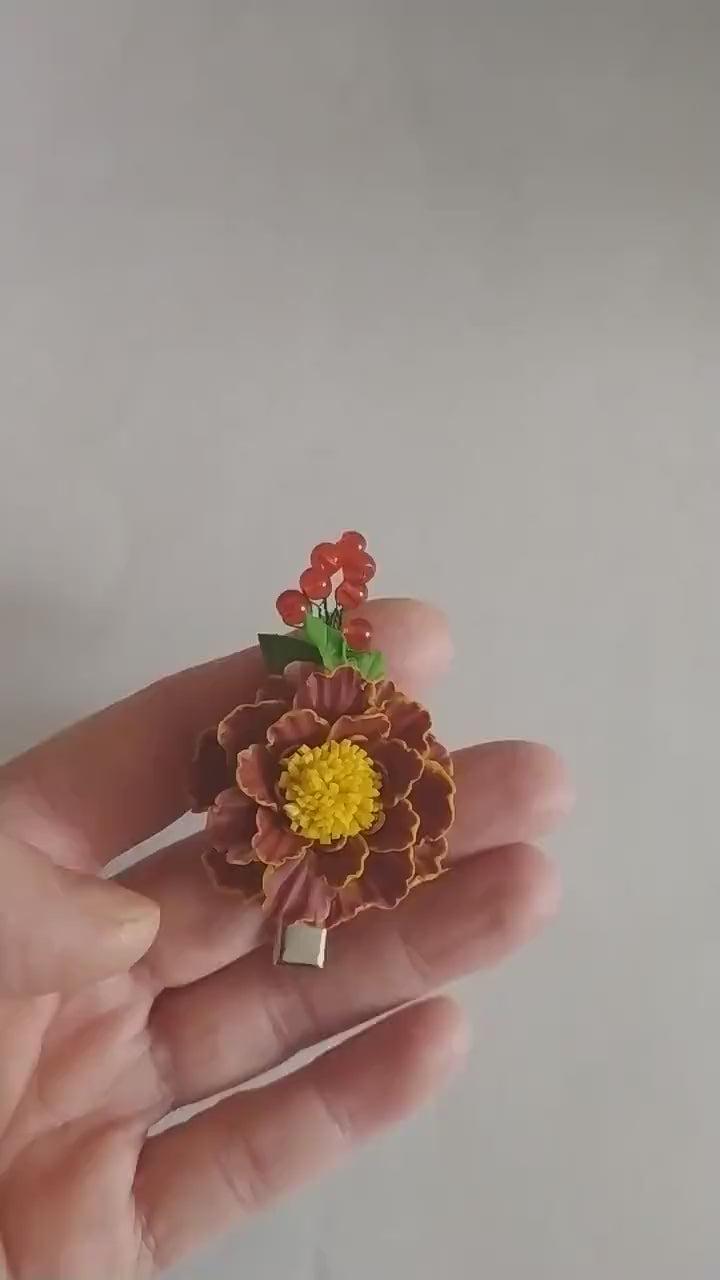 Autumn's Embrace: Marigold Barrette Polymer Clay.