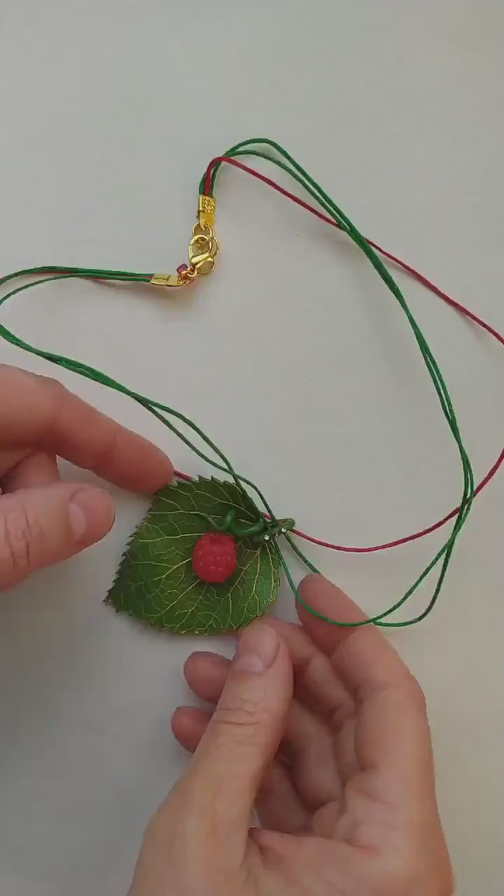 Sweet Fantasy: Raspberry Leaf Pendant Polymer Clay.