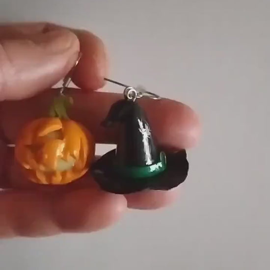 Halloween Polymer Clay Earrings: Pumpkin & Witch Hat Duo.