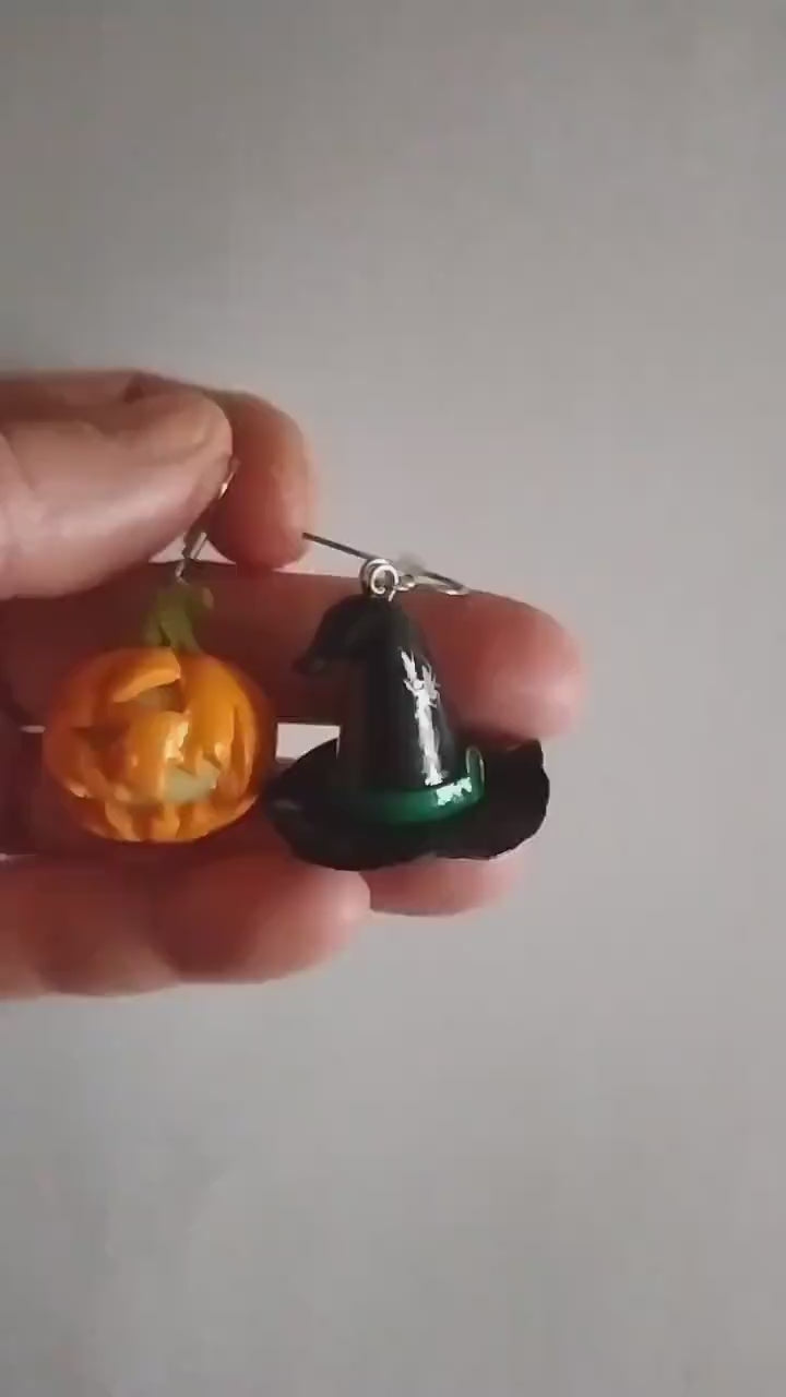 Halloween Polymer Clay Earrings: Pumpkin & Witch Hat Duo.