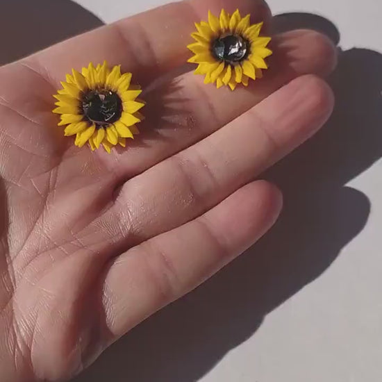 Sun's Embrace: Crystal Sunflower Earrings Polymer Clay.