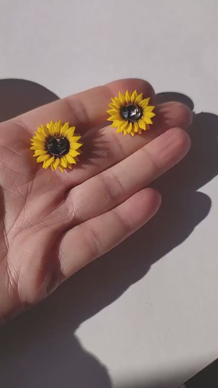 Sun's Embrace: Crystal Sunflower Earrings Polymer Clay.