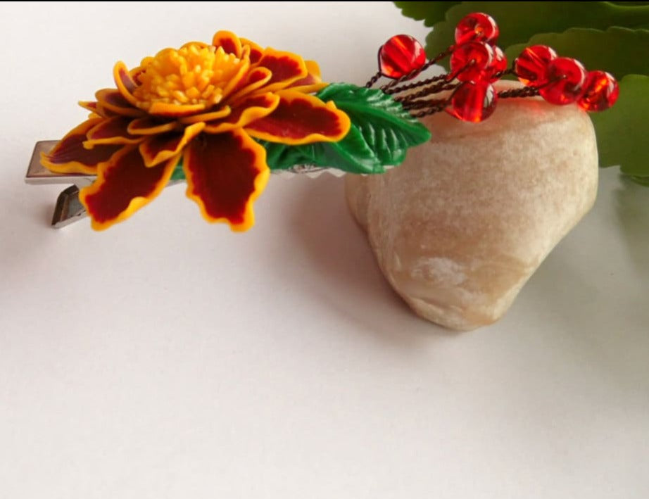 Autumn's Embrace: Marigold Barrette Polymer Clay.