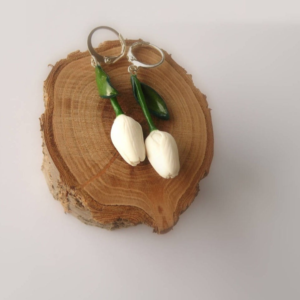 White Mystery: Tulip Earrings Polymer Clay.