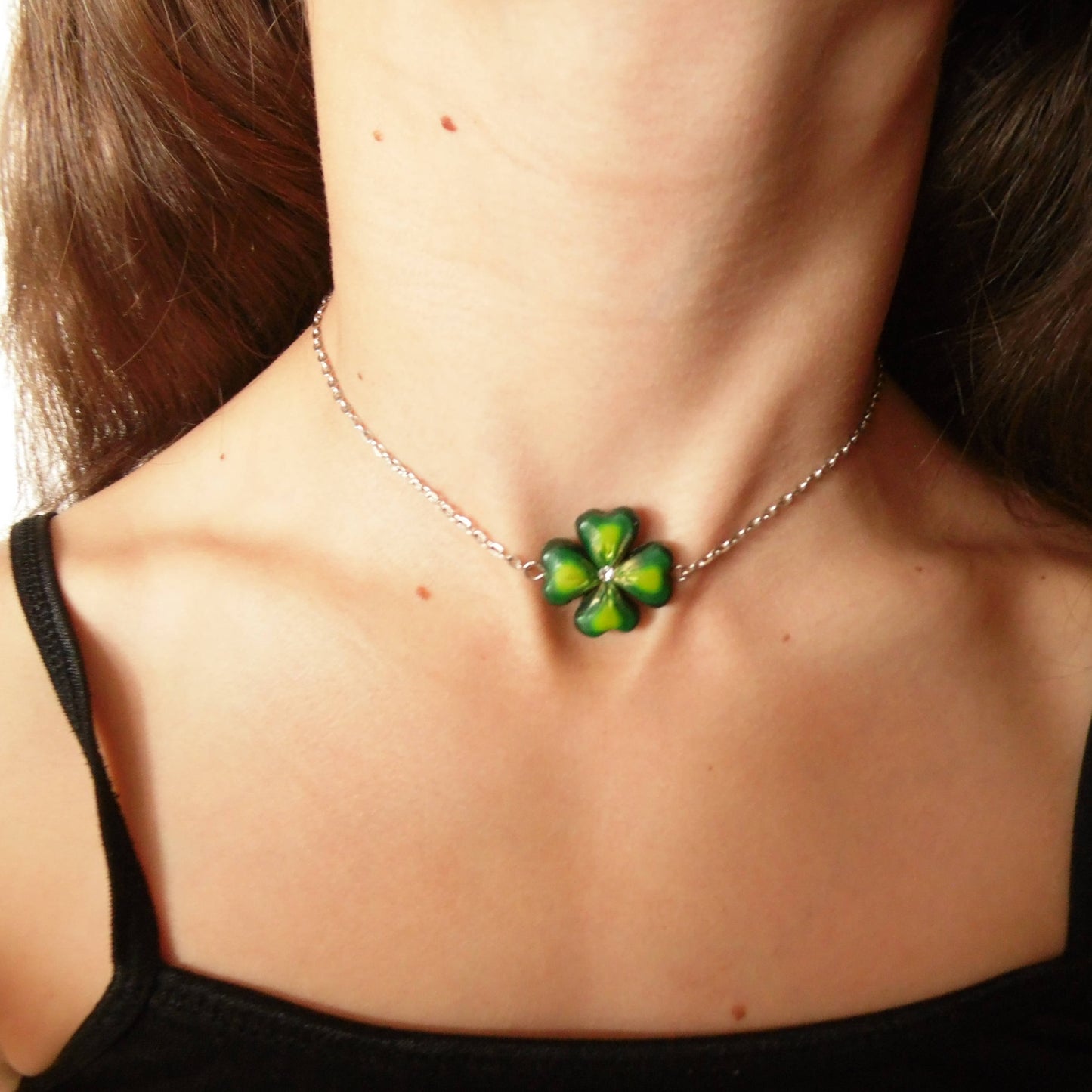 Defender of Happiness: Clover Shamrock Necklace  Polymer Clay.