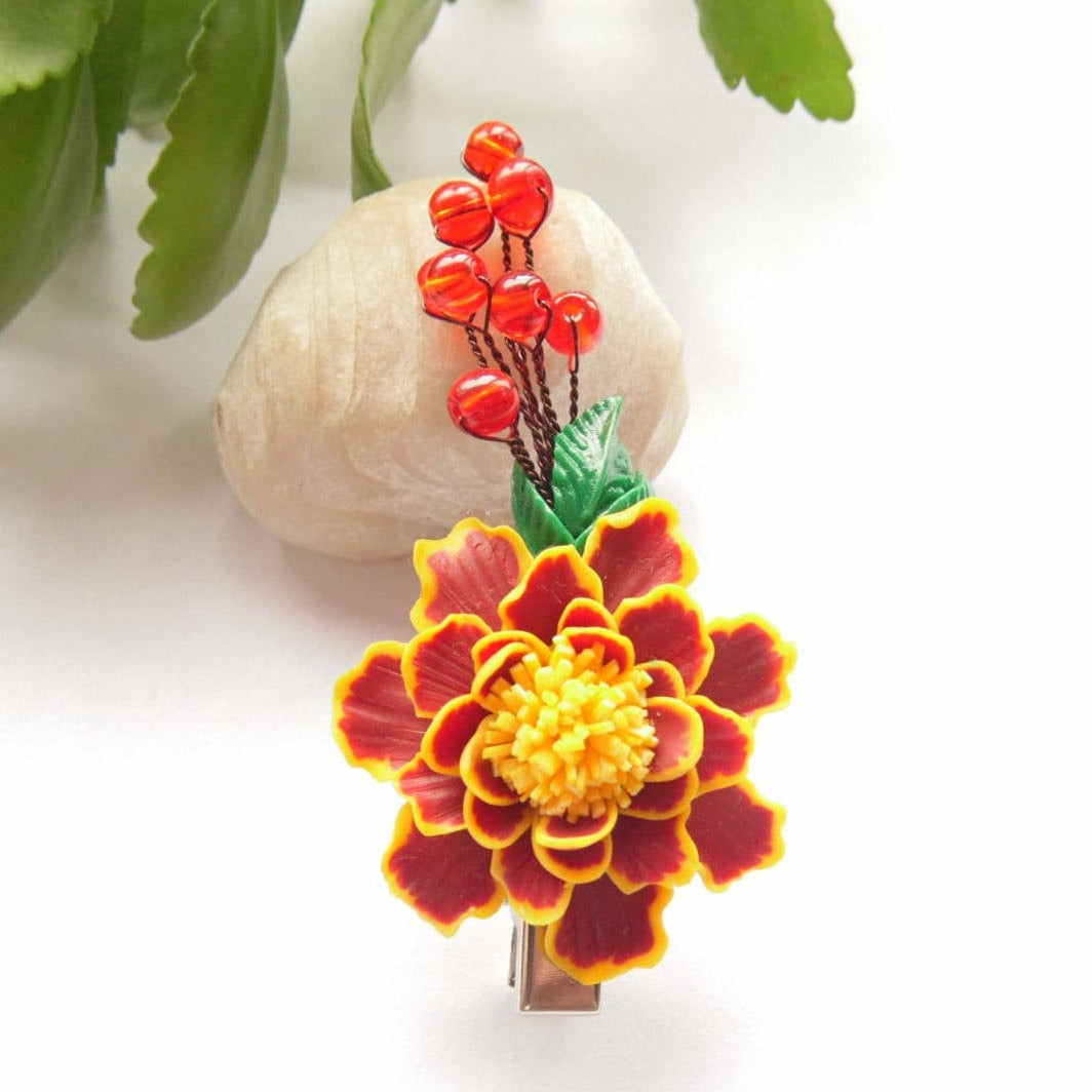 Autumn's Embrace: Marigold Barrette Polymer Clay.