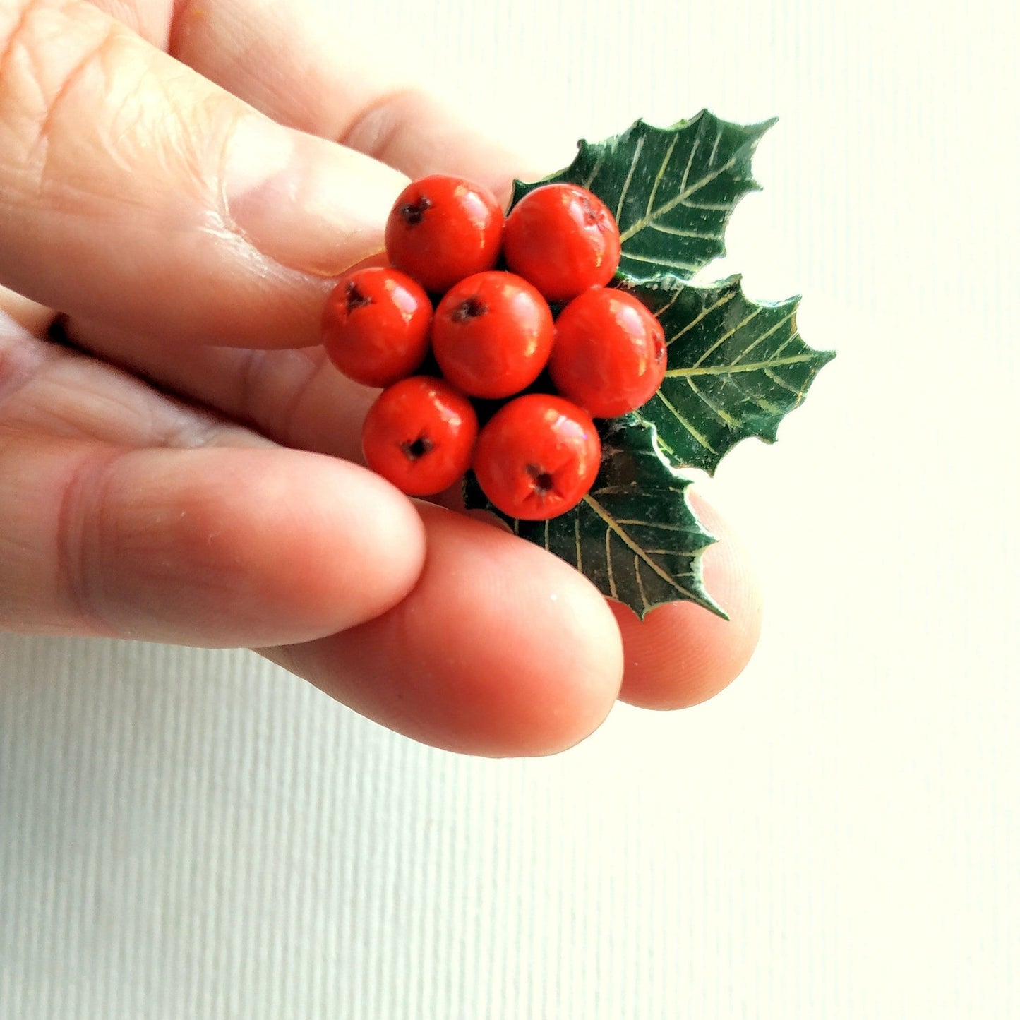 Winter's Tale: Holly Berry Brooch Polymer Clay.