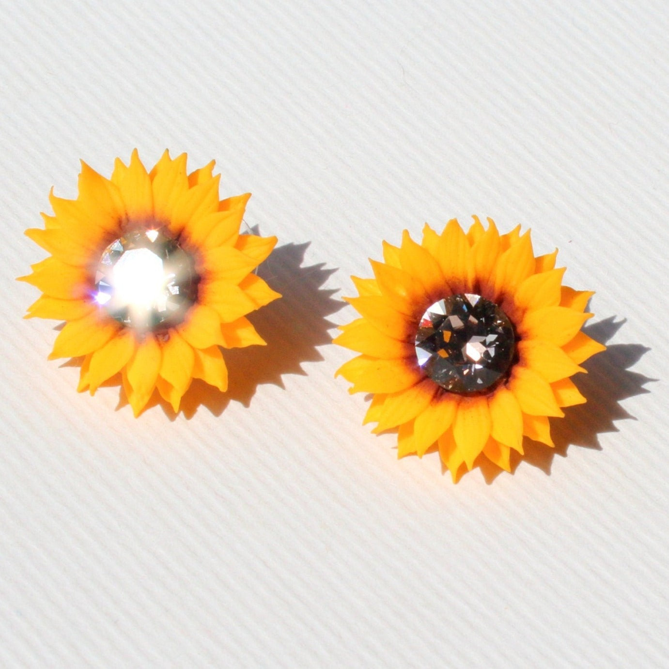 Sun's Embrace: Crystal Sunflower Earrings Polymer Clay.