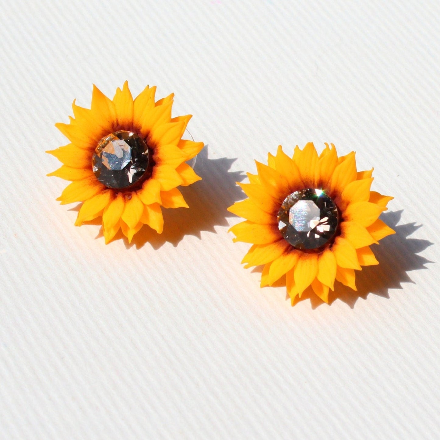 Sun's Embrace: Crystal Sunflower Earrings Polymer Clay.