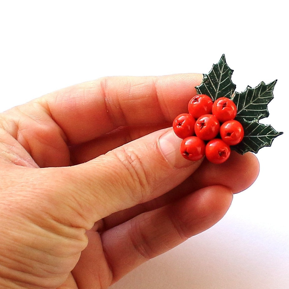 Winter's Tale: Holly Berry Brooch Polymer Clay.