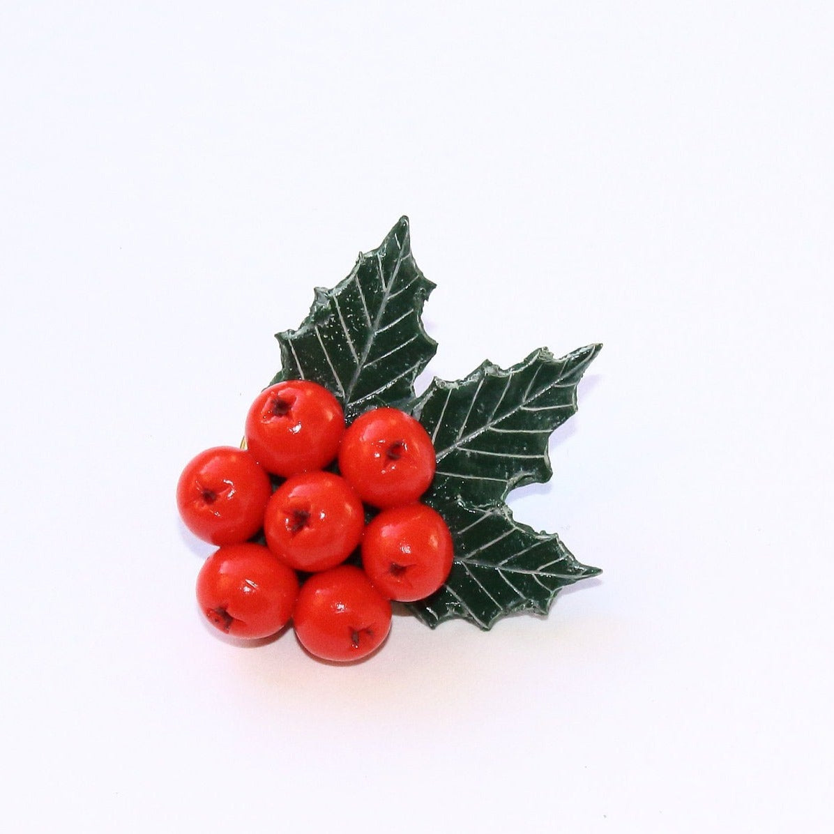 Winter's Tale: Holly Berry Brooch Polymer Clay.