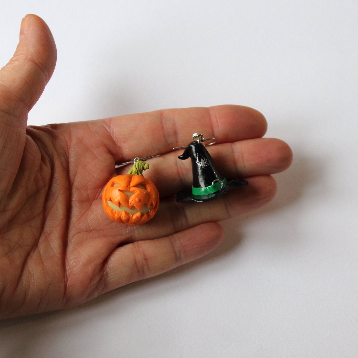 Halloween Polymer Clay Earrings: Pumpkin & Witch Hat Duo.