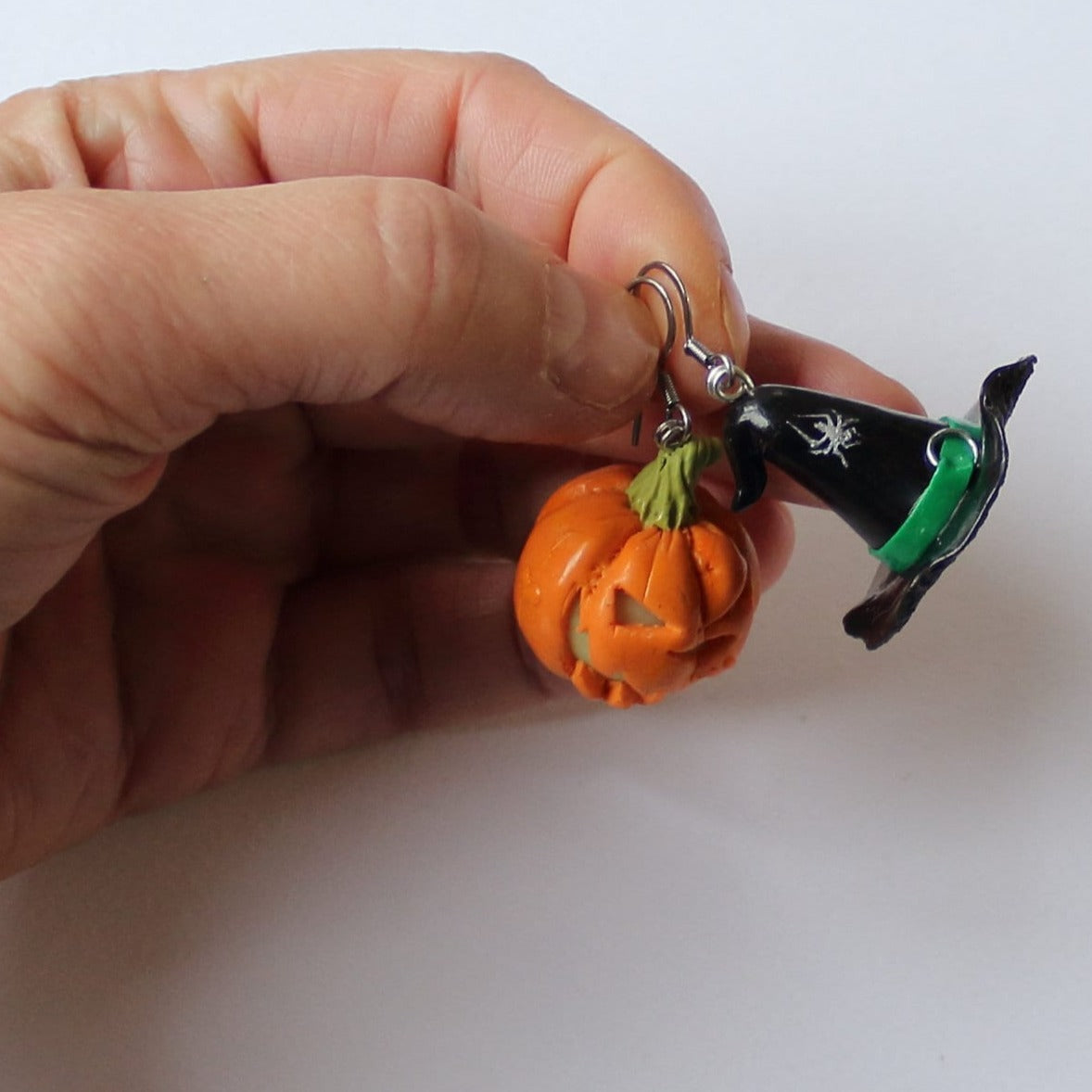 Halloween Polymer Clay Earrings: Pumpkin & Witch Hat Duo.