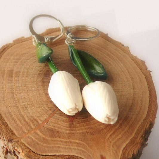 White Mystery: Tulip Earrings Polymer Clay.