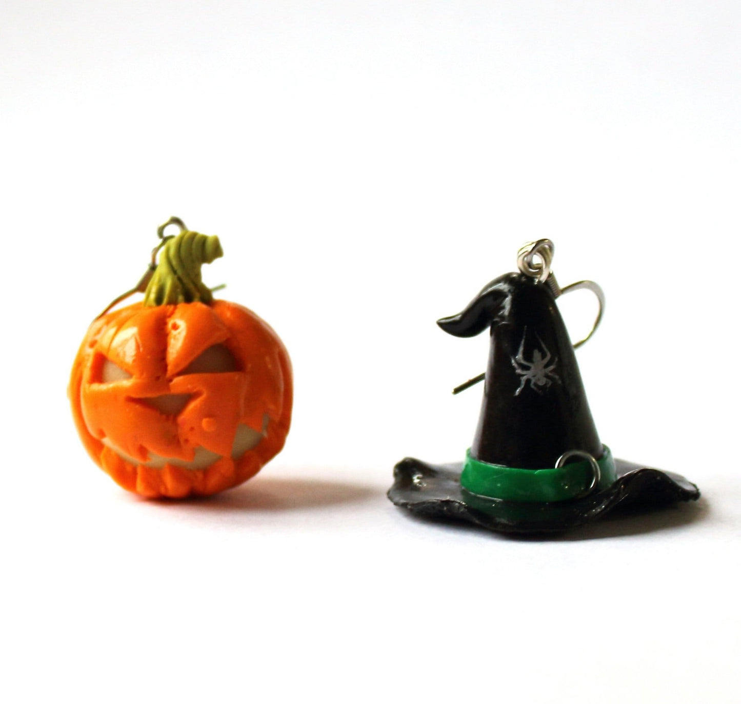 Halloween Polymer Clay Earrings: Pumpkin & Witch Hat Duo.