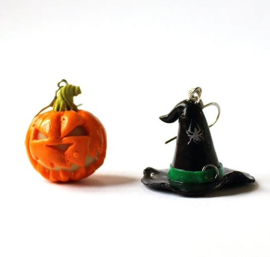 Halloween Polymer Clay Earrings: Pumpkin & Witch Hat Duo.