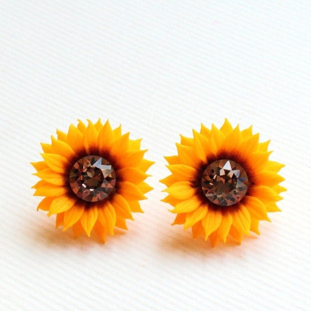 Sun's Embrace: Crystal Sunflower Earrings Polymer Clay.