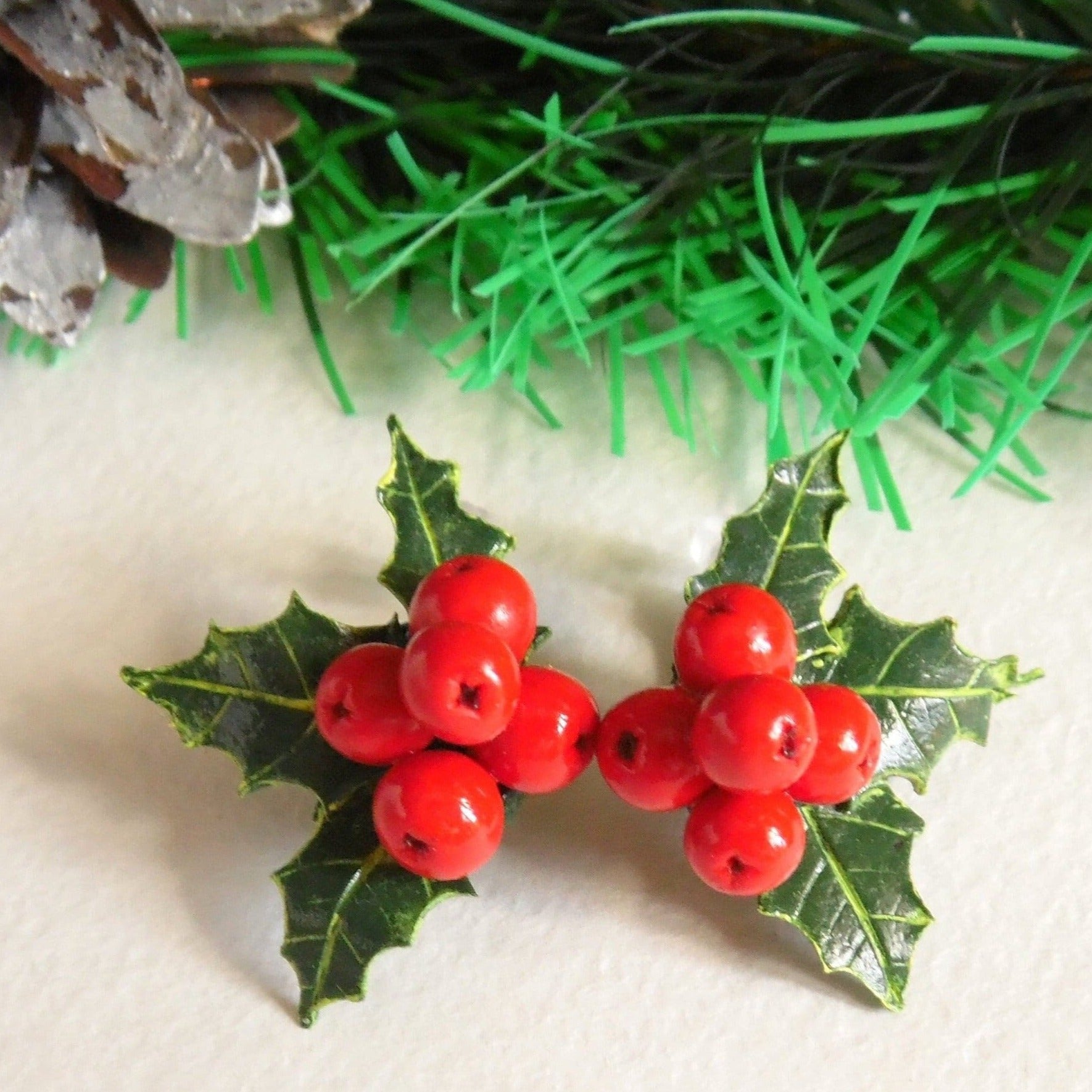 Winter's Сharm: Holly Berry Earring Polymer Clay.